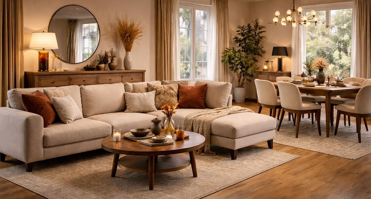 2026 mobilya modellerini yansıtan, modern ve sade açık yaşam alanı tasarımı