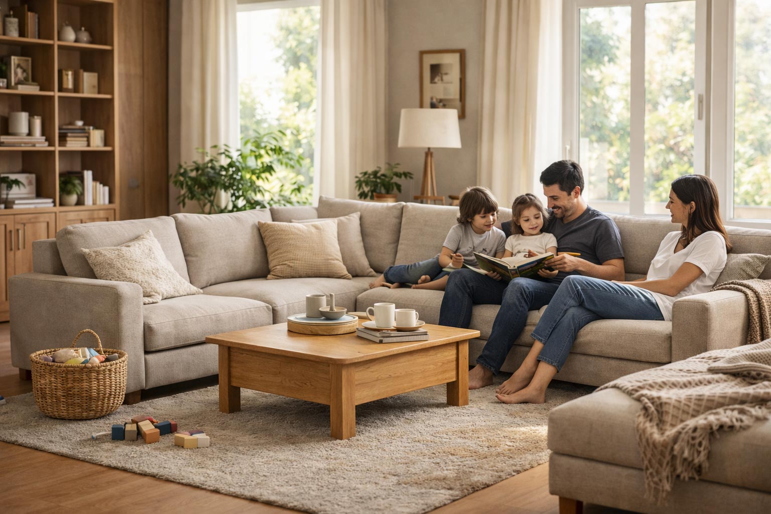 Modüler koltuk sistemiyle tasarlanmış, aile yaşamına uygun sıcak bir salon