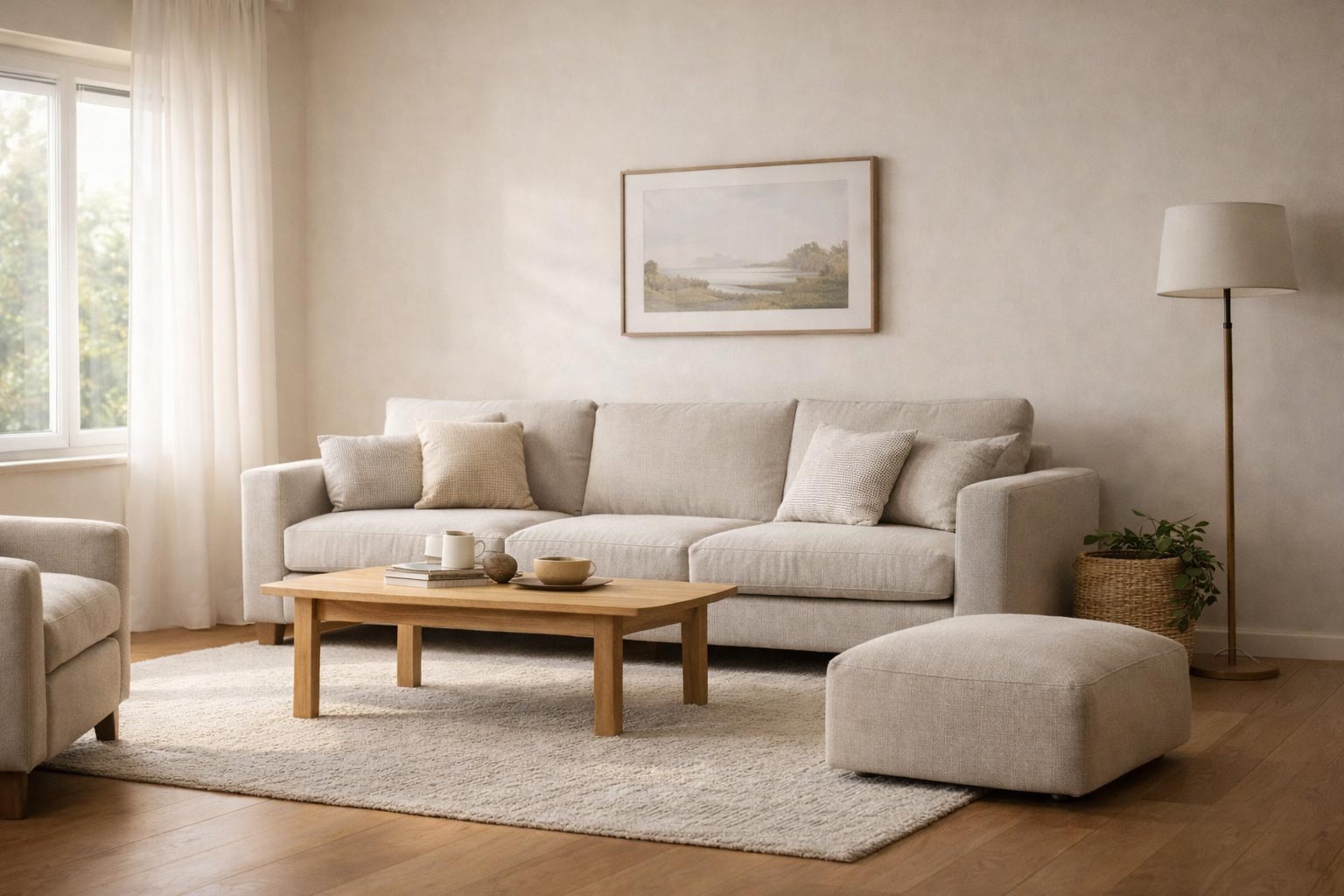 Dengeli oranlara sahip, sade ve zamansız bir oturma alanı