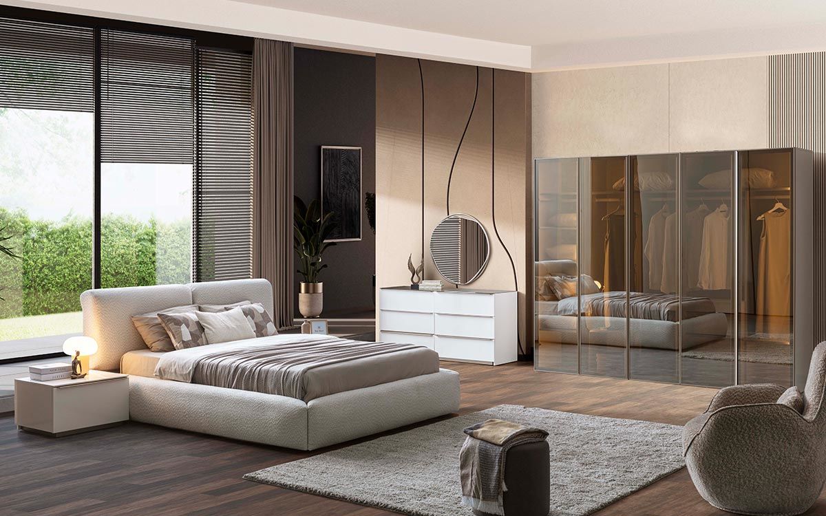 Rusion Yatak Odası Takımı Takım - 2; (Gardırop (1 Ad. 4K Akordiyon Cam Kapaklı Dolap ve 1 Ad. Tek Kapılı Cam Kapaklı Dolap), Karyola (Bazalı), Şifonyer ve Aynası, 2 Ad. Komodin)