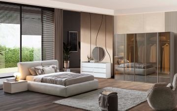 Rusion Yatak Odası Takımı Takım - 2; (Gardırop (1 Ad. 4K Akordiyon Cam Kapaklı Dolap ve 1 Ad. Tek Kapılı Cam Kapaklı Dolap), Karyola (Bazalı), Şifonyer ve Aynası, 2 Ad. Komodin)